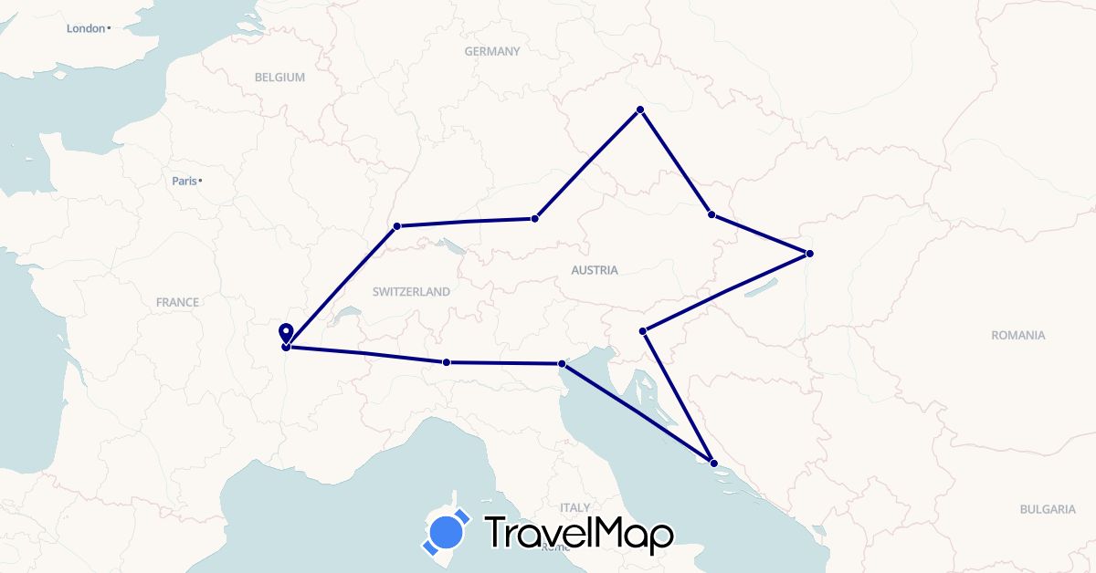 TravelMap itinerary: driving in Austria, Czech Republic, Germany, France, Croatia, Hungary, Italy, Slovenia (Europe)